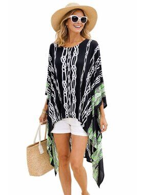 Slim Factor Womens One Size Black Green Chain Print Kimono Hi Low Semi Sheer Top